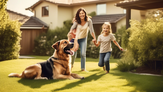 Create an image of a happy family playing in their backyard with a well-trained protection dog. The dog should appear alert and attentive, while the family (parents and two children) interacts joyfull
