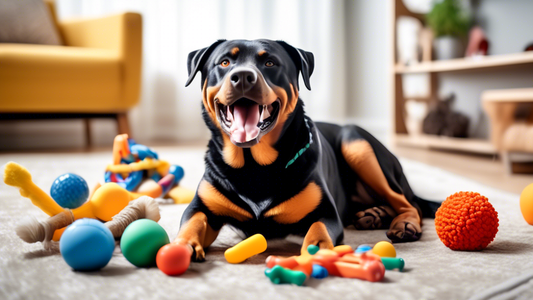A high-resolution image of a happy, sturdy dog (such as a Rottweiler, Pitbull, or German Shepherd) playing with a variety of durable dog toys designed for heavy chewers. The scene is set in a bright, 