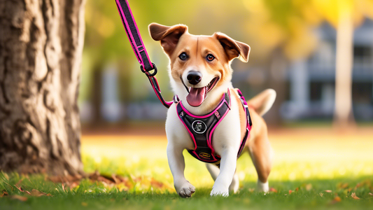 Create an image of a happy, active dog wearing a stylish, high-quality EzyDog harness while playing outdoors in a beautiful park. The harness should highlight its comfort, durability, and secure fit. 