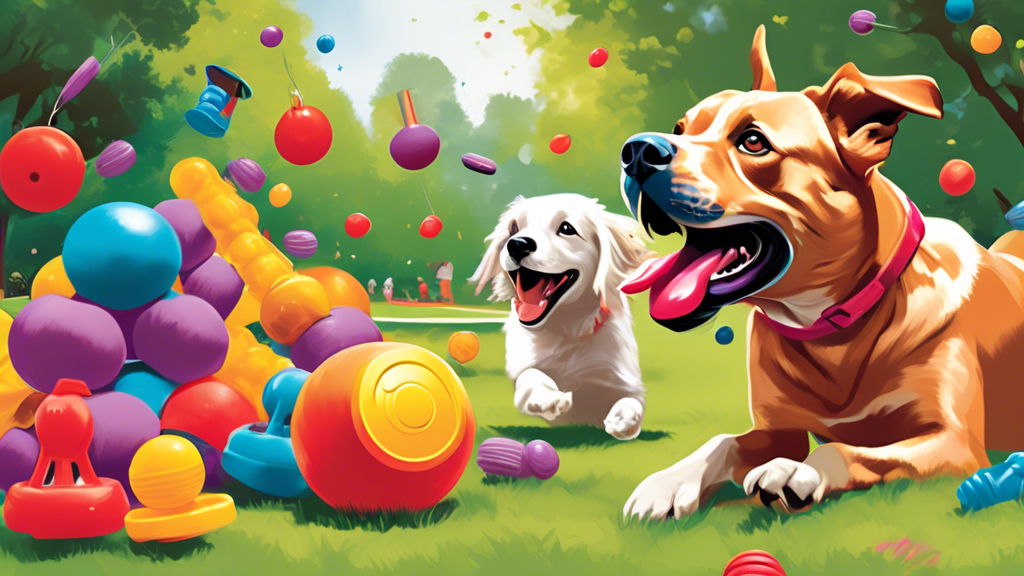 Create a detailed image of a playful dog happily interacting with a variety of Kong ballistic toys in a colorful, outdoor park setting. Include different types of Kong ballistic toys such as chew toys