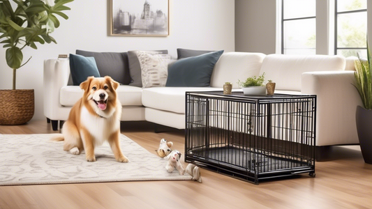 Create a detailed illustration of a cozy, well-designed 42-inch dog crate placed in a stylish living room. The crate features high-quality materials and thoughtful touches, such as a comfortable dog b