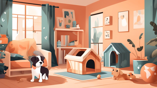 Create an image showing a cozy room with a variety of dog crates designed for puppies, featuring different sizes, shapes, and materials. Include a playful puppy exploring the different crates, each fu