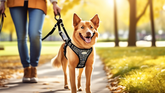 Create an image showing a happy dog wearing a customized, well-fitting harness while walking with its owner in a park. The harness should feature the dog's name and a unique design. The owner should l
