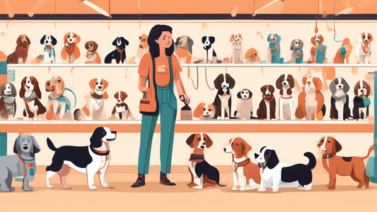 An illustration of a variety of medium-sized dogs such as beagles, cocker spaniels, and border collies wearing different styles of well-fitted harnesses, with a friendly pet store employee helping a d