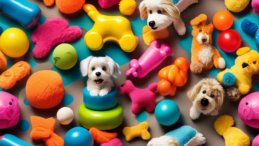 Create an image of playful, colorful dog toys featuring hidden surprises, such as squeakers, treats, or small balls, within them. The scene should show a variety of dogs joyfully exploring these toys,