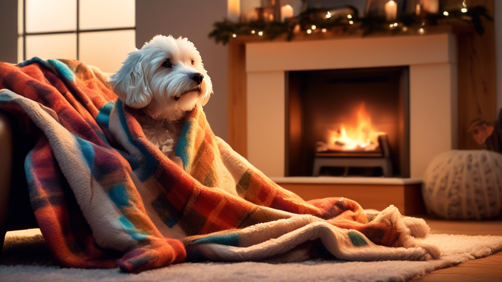 A warm and inviting scene featuring a plush dog blanket in a cozy living room setting. The ultra-soft blanket is draped over a comfortable armchair next to a fireplace, with a happy, relaxed dog nestl