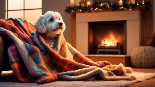 A warm and inviting scene featuring a plush dog blanket in a cozy living room setting. The ultra-soft blanket is draped over a comfortable armchair next to a fireplace, with a happy, relaxed dog nestl
