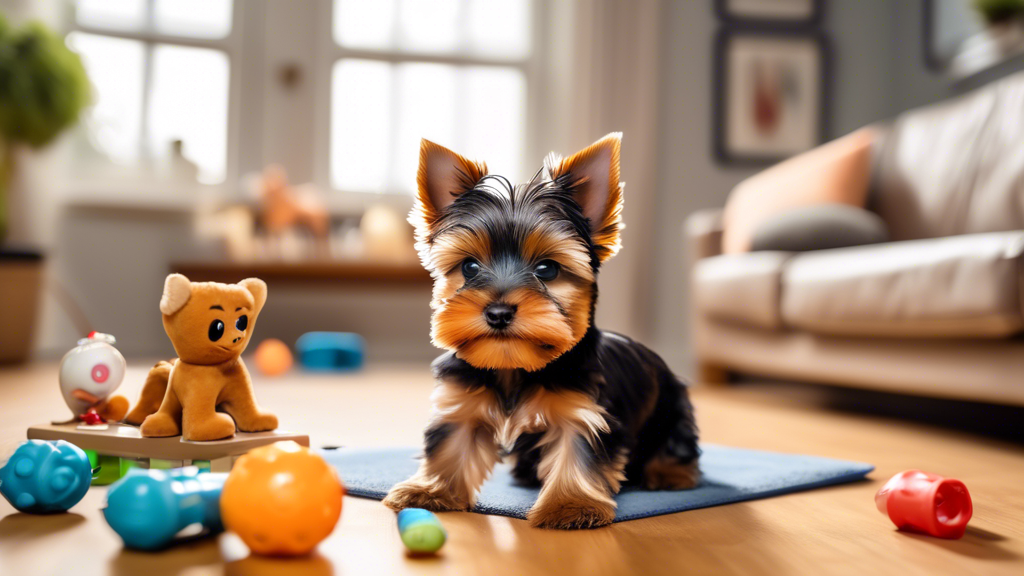 Create an image of a cheerful Yorkshire Terrier (Yorkie) puppy happily performing various training tasks. The scene should include a cozy, well-lit living room with the Yorkie sitting, staying, and gi