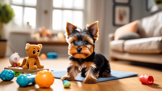 Create an image of a cheerful Yorkshire Terrier (Yorkie) puppy happily performing various training tasks. The scene should include a cozy, well-lit living room with the Yorkie sitting, staying, and gi
