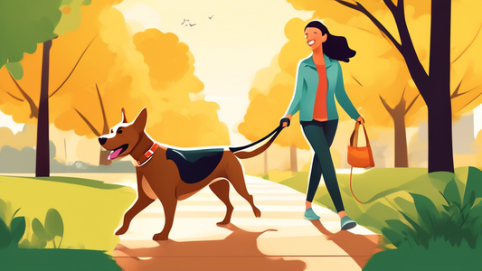 Create an image of a robust and stylish dog leash with two handles, one near the end and another closer to the dog, held by a happy dog owner walking a cheerful dog through a scenic park. Highlight th