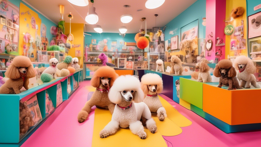 A vibrant and inviting pet shop interior with various toy poodles in playful poses, some inside cozy, stylish enclosures, and others playing and interacting with friendly staff and potential new owner
