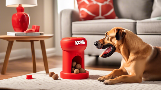 An instructional guide featuring a cheerful dog eagerly interacting with a red Kong treat dispenser. The scene shows a step-by-step visual on how to fill the Kong with dog treats and peanut butter, al