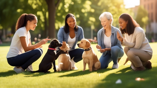 A heartwarming scene featuring a diverse group of puppies being trained in a sunny park. A variety of dog trainers including a young woman, an elderly man, and a teenage boy are shown using different 