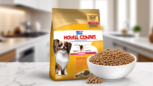 Create an image featuring a happy small breed dog, such as a Chihuahua or a Shih Tzu, joyfully eating from a bowl of Hill's Small Breed Dog Food. Highlight nutritional elements on the packaging, such 