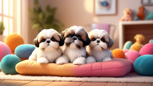A heartwarming scene featuring adorable, fluffy toy Shih Tzu puppies with big, expressive eyes and soft, silky fur. They are playfully interacting with each other in a cozy, well-decorated room filled