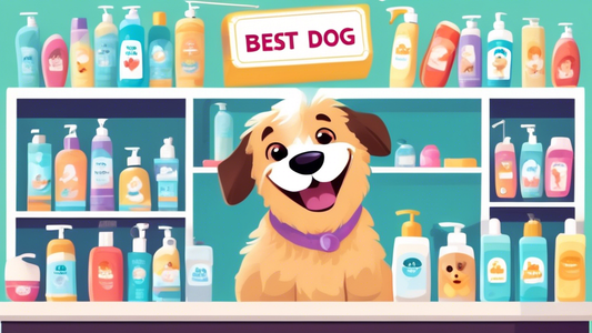 Create an image of a cheerful pet groomer in a bright, well-organized shop surrounded by a variety of dog shampoos on neatly arranged shelves. The groomer is holding a bottle of dog shampoo and a happ