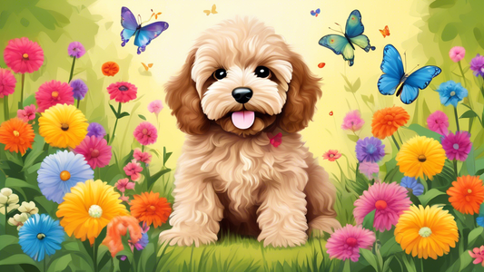 Create an image of an adorable toy Cockapoo puppy with soft, fluffy fur sitting in a playful garden scene. The puppy should have expressive eyes and a joyful expression, surrounded by colorful flowers