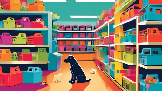 Create an image of a variety of Kong dog crates displayed in a pet store, each featuring different sizes and designs. Show a pet owner thoughtfully examining a crate while their happy dog sits beside 