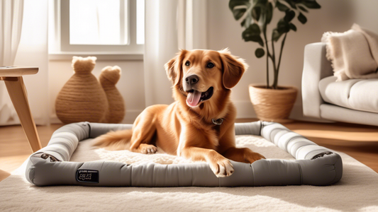 A happy dog inside a spacious, well-designed, and sturdy dog pen. The pen has soft, chew-resistant boundaries and comfortable bedding. The pen is placed in a cozy, sunlit corner of a living room with 