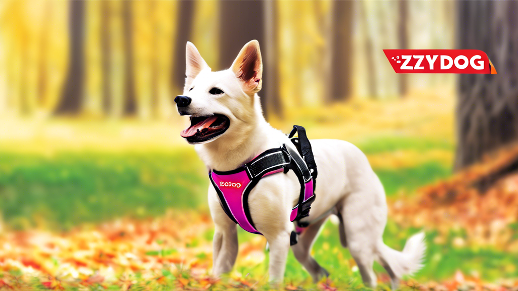 Create an image of a happy dog wearing the EzyDog X-Link Harness. The dog should appear comfortable and active, possibly on a trail or in a park, highlighting the harness's design and fit. Make sure t