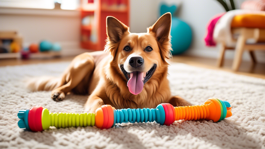 Create an image of a happy dog enthusiastically playing with a durable, chew-resistant toy in a vibrant, pet-friendly living room. The dog, a medium-sized breed with a joyful expression, is surrounded