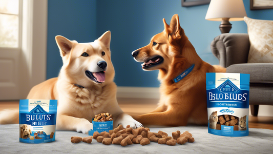 Create a vibrant, high-resolution image of a joyful dog and a content cat enjoying Blue Buffalo Bits treats in a cozy, well-decorated living room. The packaging of the treats should be visible with cl