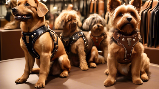 Create a highly detailed image of an elegant leather dog harness display in a boutique setting. The harness comes in various shades of brown, black, and tan, featuring polished metal buckles and soft 