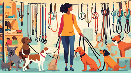 Create a vibrant and friendly illustration showing a diverse selection of dog leashes, designed to help pet owners choose the right one. Include various styles like retractable leashes, standard nylon