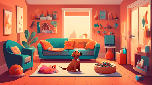 A cozy living room filled with essential dog supplies including a plush dog bed, a variety of chew toys, a food and water bowl setup, a grooming kit, and a dog leash hanging by the door, all under sof