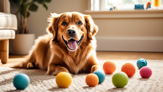 Create an image of a variety of innovative treat-dispensing dog toys, with happy dogs eagerly playing with them. Include toys of different shapes and sizes, such as puzzle balls, interactive bones, an