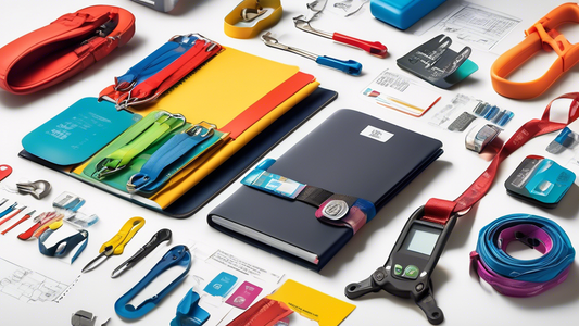 Create an image of a detailed instructional guidebook surrounded by various colorful harness tags and devices, with diagrams and labels highlighting their uses. The background should feature a clean, 