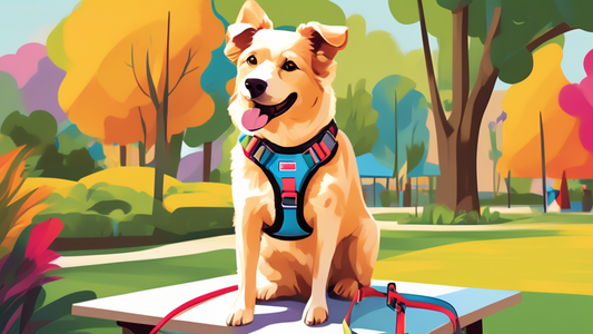 Create an image of a happy dog wearing a well-fitted, comfortable step-in harness in a colorful park setting, with different types of step-in harnesses displayed on a side table for comparison. Includ