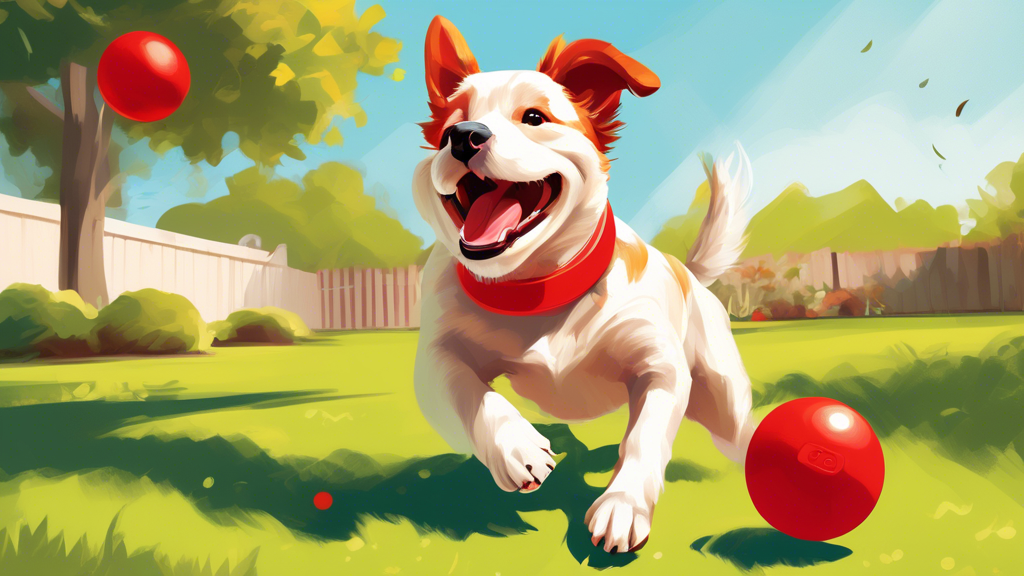 Create an image of a happy medium-sized dog playing with a red Kong toy in a sunny backyard. The dog should look engaged and content, showcasing the toy's suitability in size and durability for the do