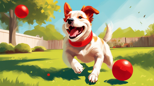 Create an image of a happy medium-sized dog playing with a red Kong toy in a sunny backyard. The dog should look engaged and content, showcasing the toy's suitability in size and durability for the do