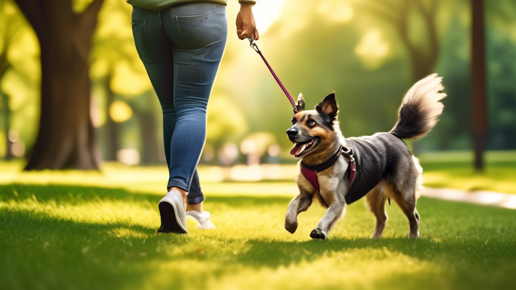 Create an image of a happy dog owner walking their strong, energetic dog on a beautifully designed, sturdy leash. The setting is a sunny day in a scenic park with green grass, trees, and other people 