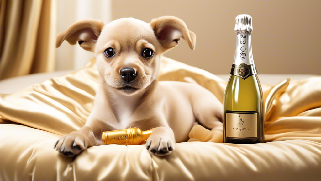 Create an image of an adorable dog lounging on a plush, luxurious bed while playfully biting into a champagne bottle-shaped dog toy. The toy should have playful details like a golden label and a littl