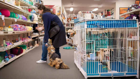A cozy, well-lit room with various types of dog crates on display, including metal, plastic, and wooden options. Each crate is outfitted with comfortable bedding, toys, and water bowls. In the foregro