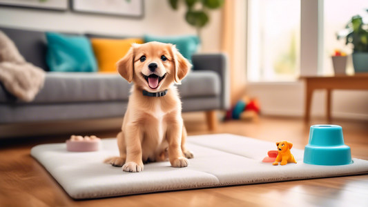 An adorable puppy happily sitting on a training pad inside a cozy, well-lit living room, with a loving owner smiling and holding a treat, signifying successful toilet training. In the background, a cl