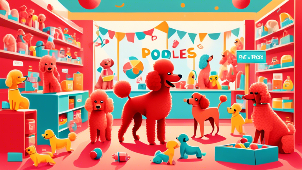 An adorable scene of various red toy poodles playing in a colorful pet store setup, with signs reading 'Poodles for Sale', amidst an array of playful dog toys and accessories, in a bright and welcomin