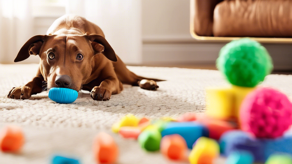 Create an image of a happy and energetic dog chewing on a durable, colorful toy from the BarkBox Super Chewer collection. The setting is a cozy living room with scattered pet toys and a soft dog bed i