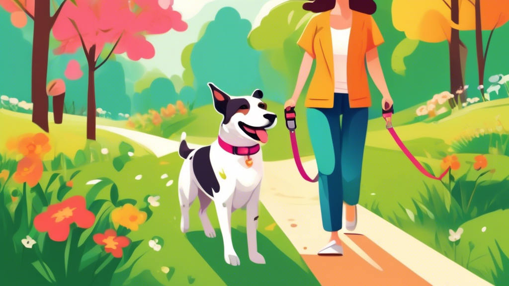 A cheerful dog owner walking a well-behaved dog using a stylish, comfortable no-pull dog collar in a scenic park. The dog looks happy and relaxed, and the environment is bright and vibrant with green 
