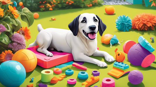 Create an image showcasing a cheerful dog playing with a variety of colorful and engaging top dog toys from 2022. The scene should include interactive puzzle toys, plush squeaky toys, durable chew toy