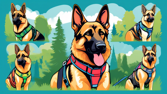 Create an image featuring a German Shepherd wearing various top-rated harnesses in different colors and styles, set in a picturesque outdoor park with lush greenery and a clear blue sky. Include close