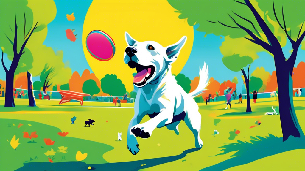 Create an image of a lively, outdoor scene featuring a joyful dog mid-air, catching a brightly colored West Paw frisbee. The background showcases a vibrant green park with clear blue skies. Other dogs