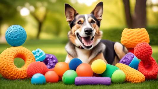 Create an image of a cheerful dog surrounded by a variety of brightly colored, durable dog toys in an outdoor setting. The toys should include rugged rubber bones, reinforced fabric balls, and indestr