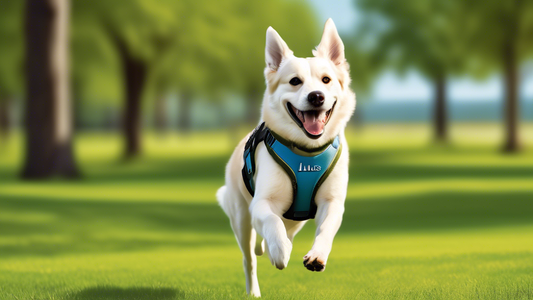 Create an image of a happy, active dog wearing a Julius Canine Harness while running through a scenic park. The harness should be visible with bright, contrasting colors and clearly showcase the brand