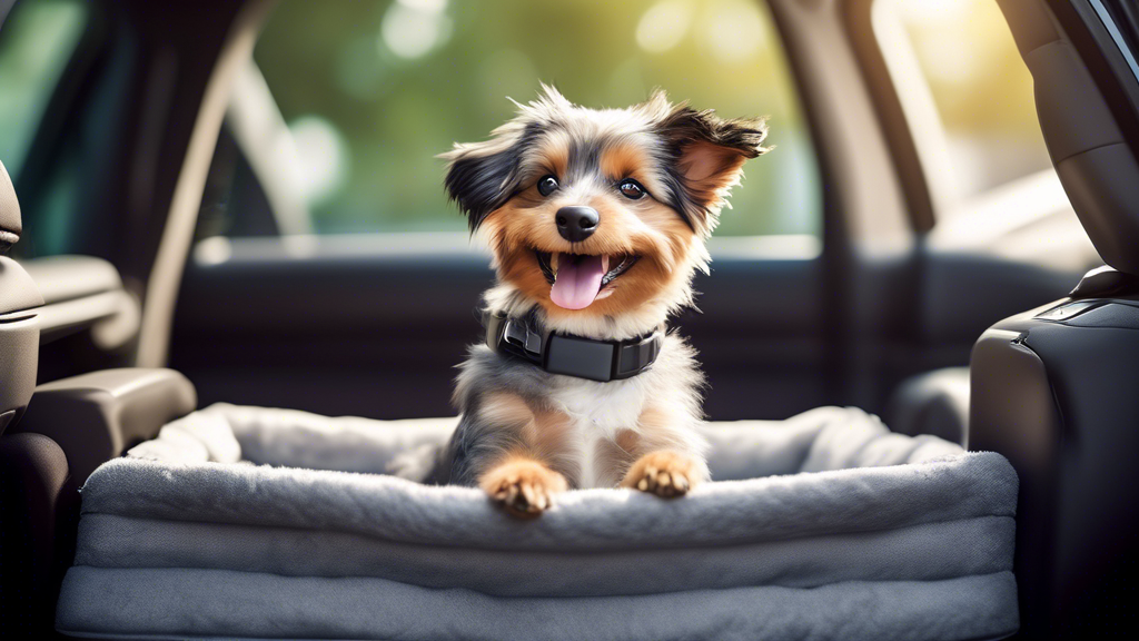 Create an image of a happy dog comfortably seated in a high-quality, secure dog car seat inside a modern car. Surround the dog with playful yet safe travel accessories, such as doggy seat belts, a fav