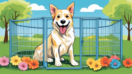 Create an image of a happy dog playing inside a well-designed chain link dog pen, with various features like a shaded area, comfortable bedding, and chew toys. The surrounding yard is lush and green, 