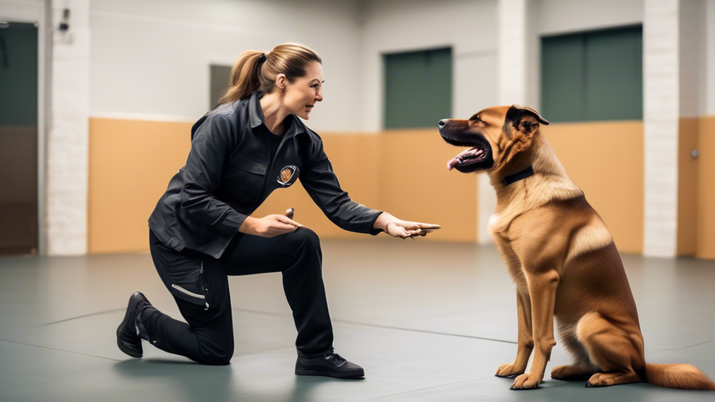 Create an image of a professional dog trainer working with an aggressive dog in a well-equipped training facility. The trainer should be using positive reinforcement techniques and displaying calm, co