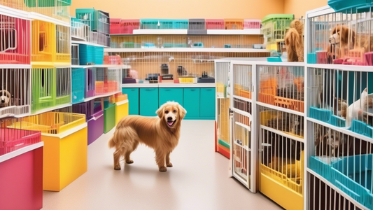 Create an image depicting a variety of dog pens in a bright, cheerful pet store setting. Each pen style—ranging from indoor to outdoor, and from small to large sizes—is accompanied by different dog br